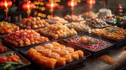 Fototapeta premium A buffet table laden with an assortment of Chinese food during a celebration, with red lanterns in the background.