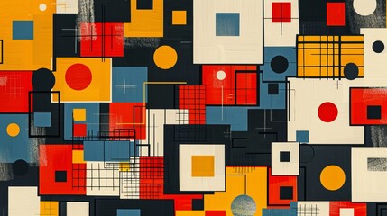 A clean and minimalistic geometric design with Scandinavian colors, using abstract shapes like rectangles and circles