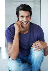 Creative, phone call or happy man in startup thinking of fashion ideas for communication or...