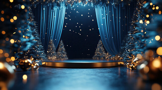 Theatre stage with new year decorations. Fireplace, Nutcracker. giftboxes. Celebration christmas performance for children and adults during winter holidays
