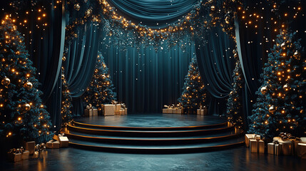 Theatre stage with new year decorations. Fireplace, Nutcracker. giftboxes. Celebration christmas performance for children and adults during winter holidays