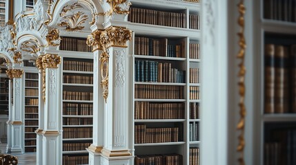 A Breathtaking Glimpse into History: The Majestic Library of Admont Abbey, Showcasing Ornate White and Gold Columns Amongst Its Vast Book Shelves
