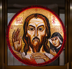 A mosaic-icon of the Merciful Jesus in the Communio Sanctorum Chapel (The Hungarian Chapel). The...
