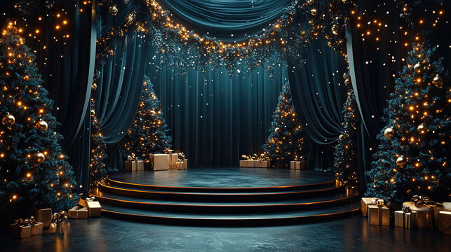 Theatre stage with new year decorations. Fireplace, Nutcracker. giftboxes. Celebration christmas performance for children and adults during winter holidays