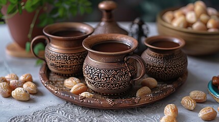 Fototapeta premium Three ornate copper mugs filled with dark liquid, surrounded by dates and a decorative pot, on a tray.