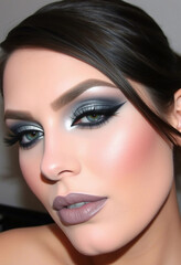 Fototapeta premium A stunning close-up of a model showcasing a bold and glamorous eye makeup look with metallic eyeshadow and perfectly winged eyeliner. Ideal for beauty, fashion, and cosmetic themes.