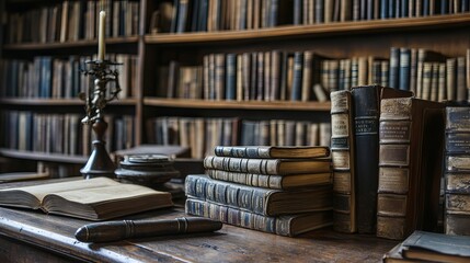 Obraz premium Old Books, Quill Pen, and Vintage Inkwell on Wooden Desk in an Ancient Library: A Retro Style Historical Setting Representing the Rich Heritage of Literature, Education, and Intellectual History