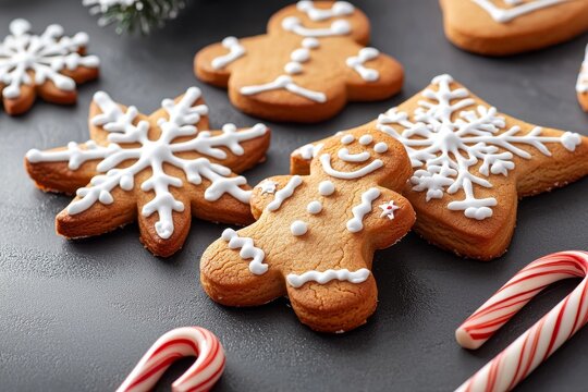 An image of Christmas cookies and sweets over a dark stone background. An image of holiday baking.