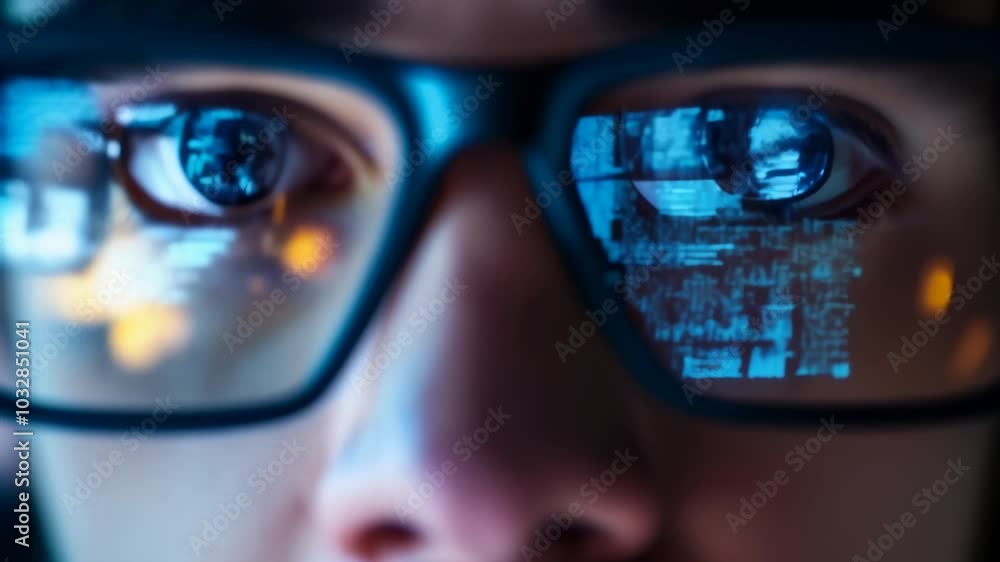 Aufkleber Programmer is working late, with lines of code reflecting in their glasses. The image evokes the dedication and focus required in the world of software development