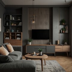 Modern living room with a gray couch, wooden coffee table, and a TV on the wall.