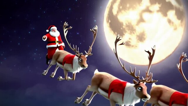 Santa and his reindeer flying across a full moon, creating a magical Christmas night scene.