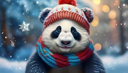 A cute panda bear with a knitted hat and scarf enjoys a snowy winter landscape and exudes Christmas joy.