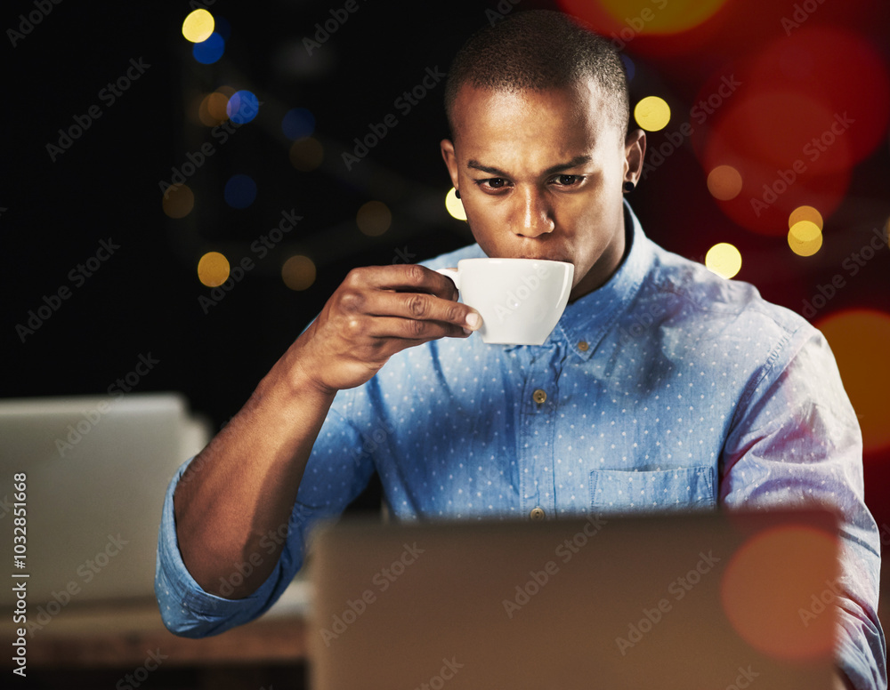 Poster office, laptop and businessman with coffee at night for website, research and online project. corpor