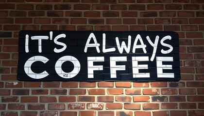 Text sign showing It S Always Coffee. Conceptual photo drinking caffeine is life work home having bad habits Brick Wall art like Graffiti motivational call written on the wall isolated with white hi
