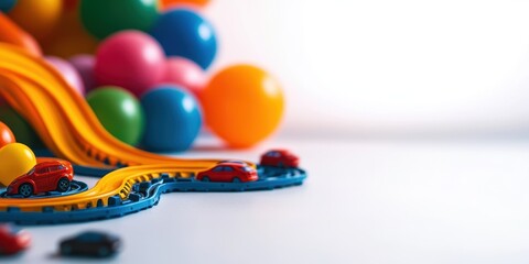 Colorful toy cars on a winding track with playful balls in the background. Perfect for children's themes and fun concepts.