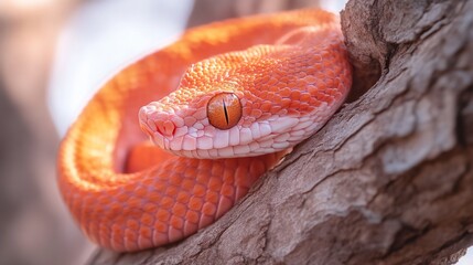 Fototapeta premium Close-up of an orange snake with yellow eyes, coiled on a branch.