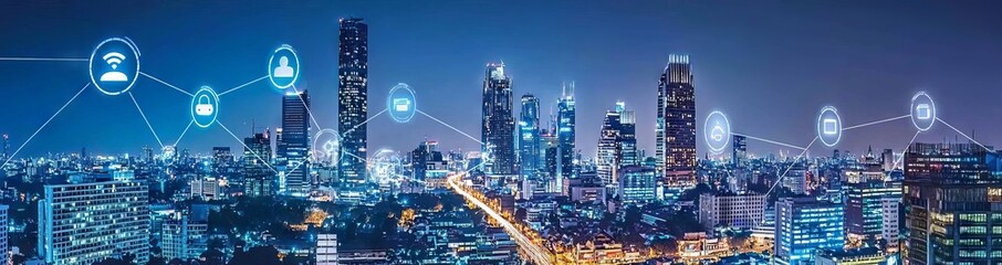 Fototapeta premium View from an aerial perspective of the cityscape skyline with smart services and icons, internet of things concepts and networks, and a scene of an early morning sunrise.