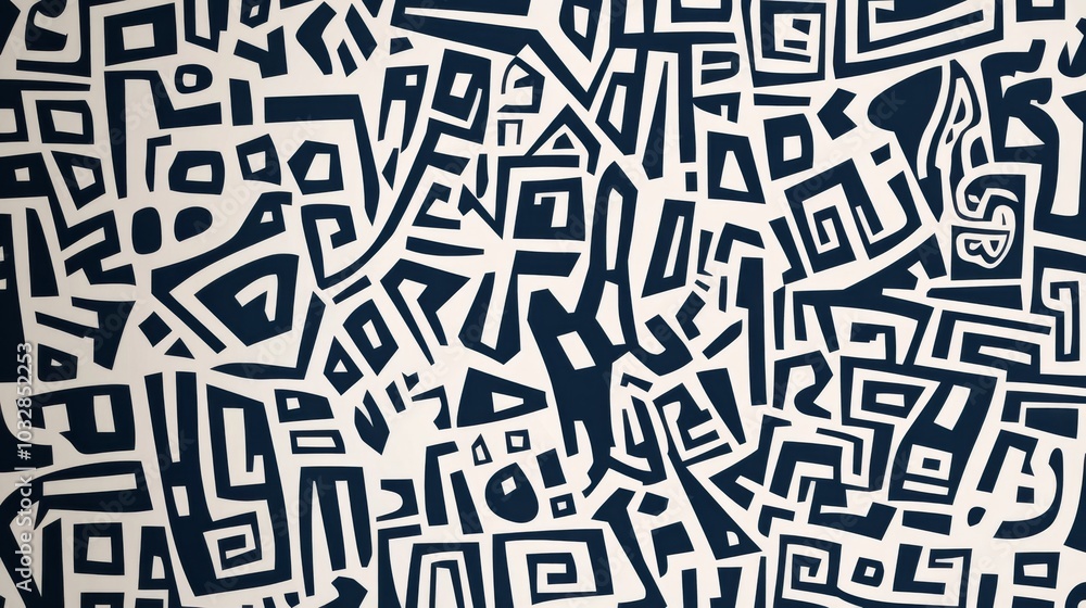 Poster abstract background with hieroglyphs. the chaotic arrangement of lines. plain blue and white pattern