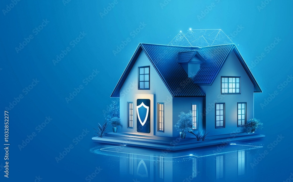 Poster smart home controlled by smartphone with protected wireless connection. shield symbol represents int
