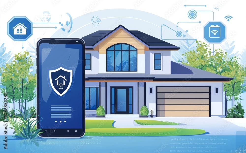 Poster an internet of things connected smartphone. a shield symbol representing security of the iot or inte