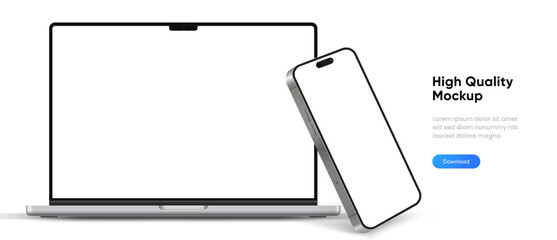 Modern laptop mockup front view and smartphone mockup high quality isolated on white background. Notebook mockup and phone device mockup for ui ux app