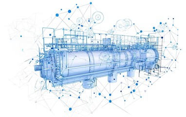 Obraz premium Advanced industrial machinery design with digital network overlay in a modern engineering facility setting
