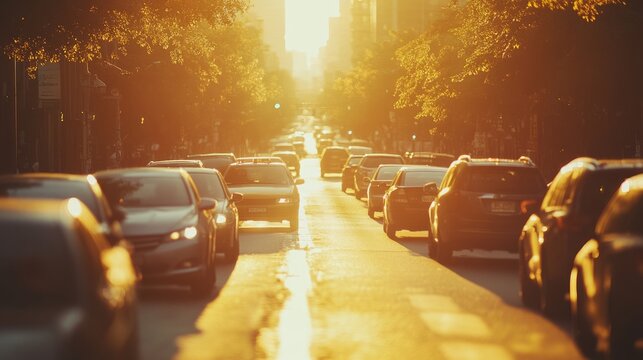 Middle of the street with jammed cars on a beautiful sunny day at sunset, city bustling with space for text or captions