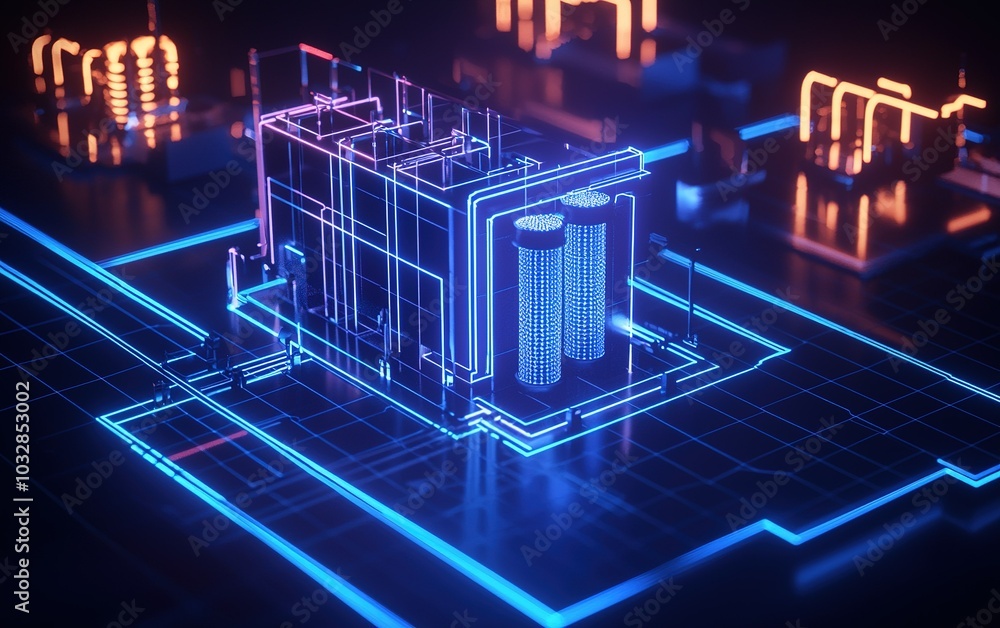 Poster a futuristic digital representation of a data center with neon lights and wireframe structures in a 