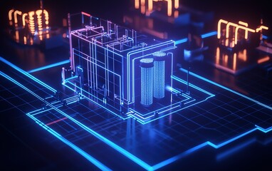A futuristic digital representation of a data center with neon lights and wireframe structures in a dark environment