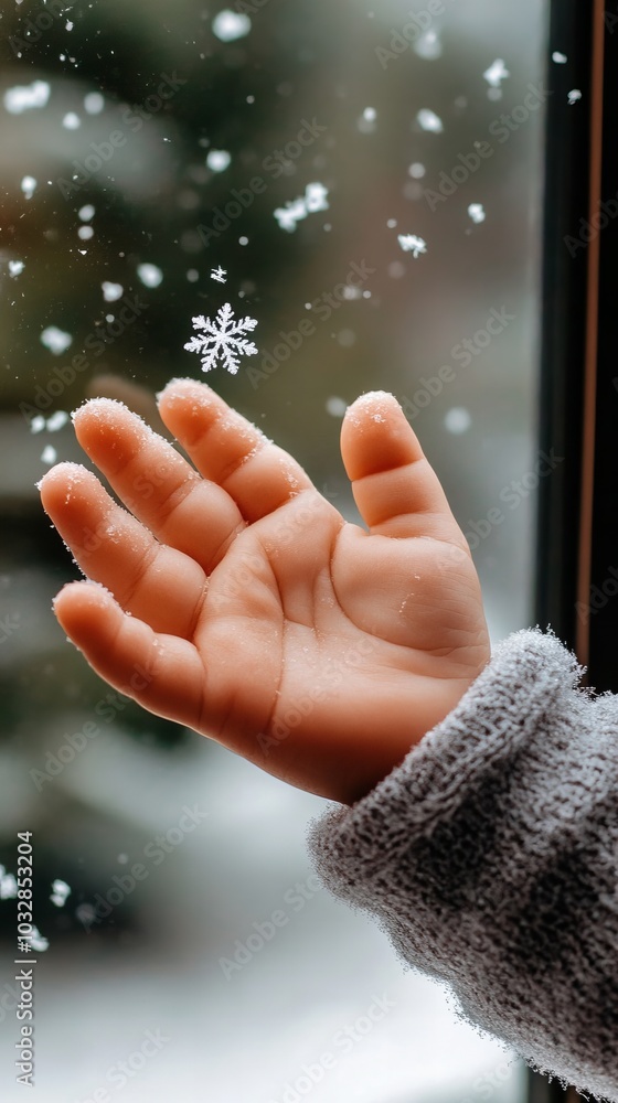 Poster a child's hand reaches out to catch a snowflake falling against a window pane.