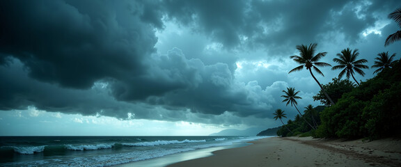 Tropical Beach with Palm Trees Under a Stormy Sky and Dark Clouds