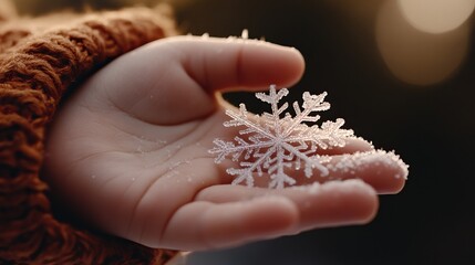 A child's hand gently holds a delicate snowflake, capturing the beauty of winter.
