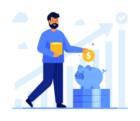 Man saving money, piggy bank, coins, banknote stack, and bar graph. Personal finance, savings, wealth management, and investment growth concept. Flat vector illustration isolated on a white background