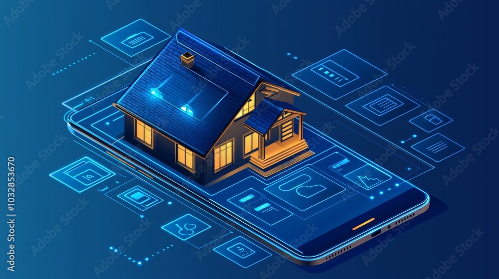 Poster iot concept of smart house. digital hologram on smartphone screen showing connected electronics.