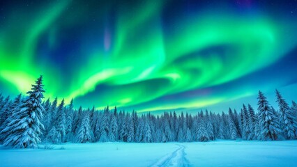 Enchanting display of the Northern Lights over a snowy evergreen forest during winter night.