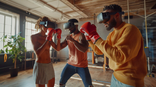 Friends enjoying a boxing match with AR glasses in a minimalist, modern room. AR technology allows friends to enjoy a shared boxing experience in a sleek, modern space.