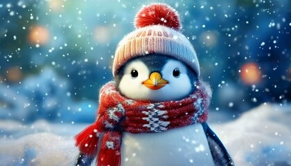 A cute penguin with a knitted hat and scarf enjoys a snowy winter landscape and exudes Christmas joy.