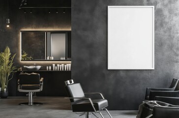 An empty rectangular frame mockup in a white color is placed on the wall of a hair salon. 