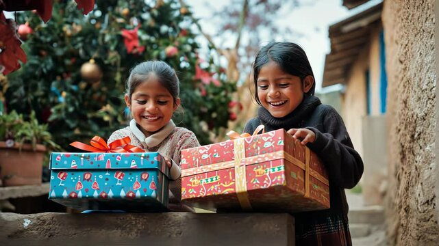 two young hispanic kids opening gifts outside a traditional latin american house during christmas celebration