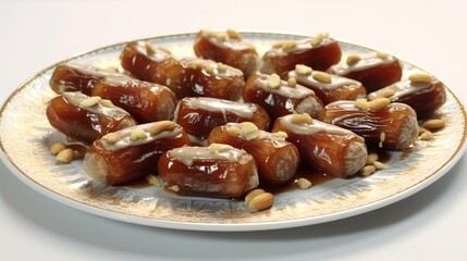 A plate of dates filled with tahini and topped with peanuts.