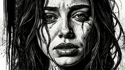 Woman Expresss Deep Sadness With Tears And Smudged Mascara: An Emotional Sketch generative ai