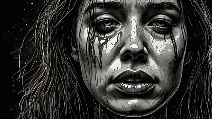 Woman Expresss Deep Sadness With Tears And Smudged Mascara: An Emotional Sketch generative ai