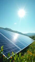 Solar panels on a modern home rooftop, gleaming under bright sunlight, surrounded by trees and greenery, perfect for promoting eco-friendly residential solar energy solutions. Ideal backdrop for clean