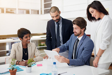Corporate, collaboration and group with tablet, boardroom and conversation for financial report and...