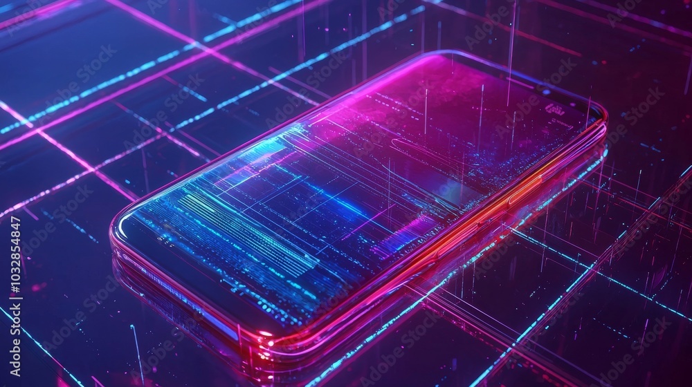 Poster holographic architecture plan of a smart house above a smartphone. internet of things technology via