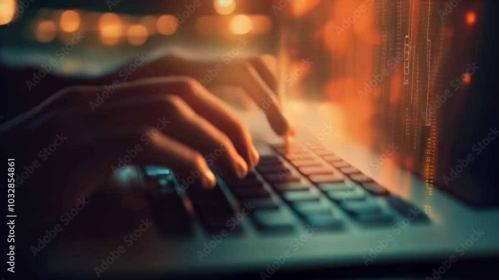 Aufkleber Software developer types code on a laptop late at night, hands skillfully working in the dark office. Binary code illuminates the screen, creating a tech savvy ambiance