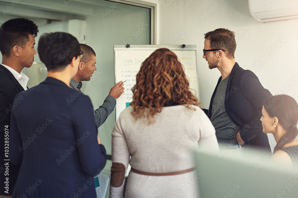 Poster Employees, whiteboard and brainstorming in office with team, web development plan and project. Business people, collaboration and ideas for programming in meeting, workshop and solution for coding