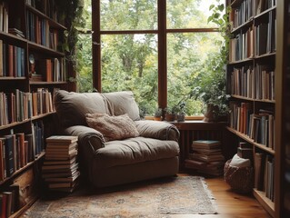 Couch in a room with a lot of books