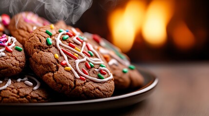 Freshly baked cookies with colorful sprinkles, still steaming, on a plate with a warm fire in the background.