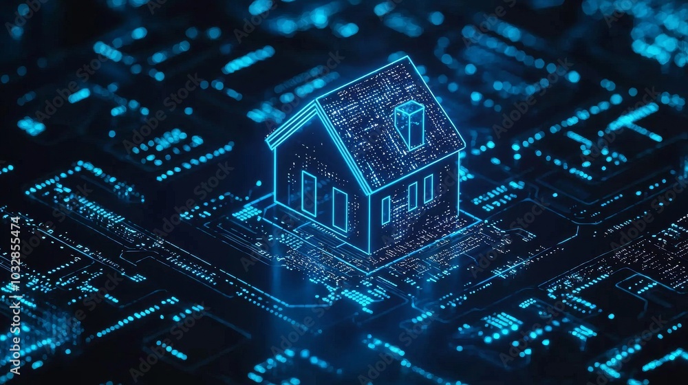 Poster isometric smart home concept. a private house consists of digits codes. cyber security of internet o